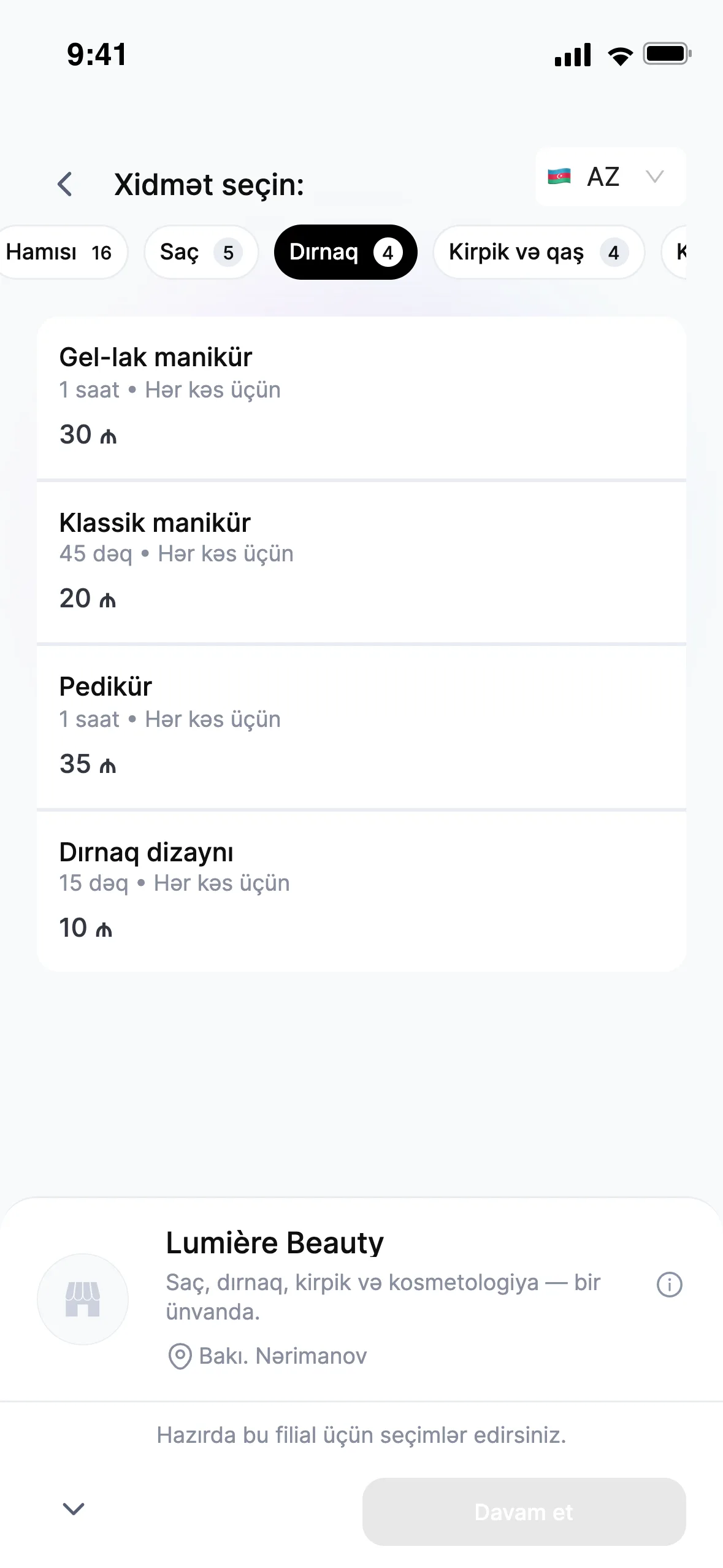 Müştərinin gördüyü səhifə: xidmət, qiymət, müddət və yalnız boş olan saatlar.