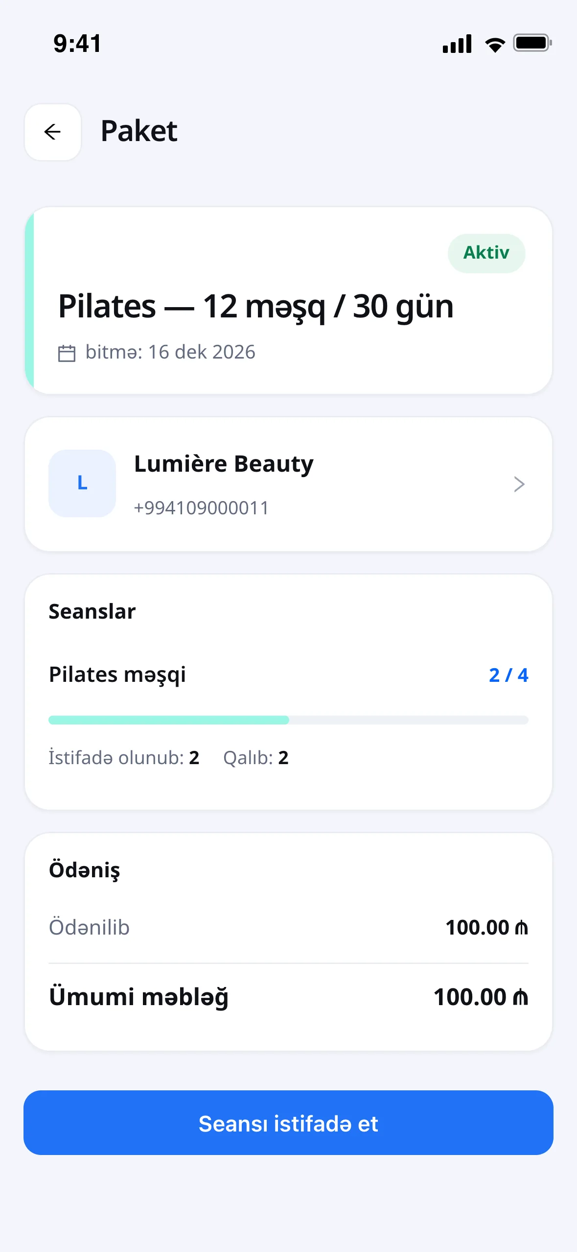 Müştəri portalında paket: neçə məşq qalıb, nə vaxta qədərdir və gəlişi qeyd etmə düyməsi.