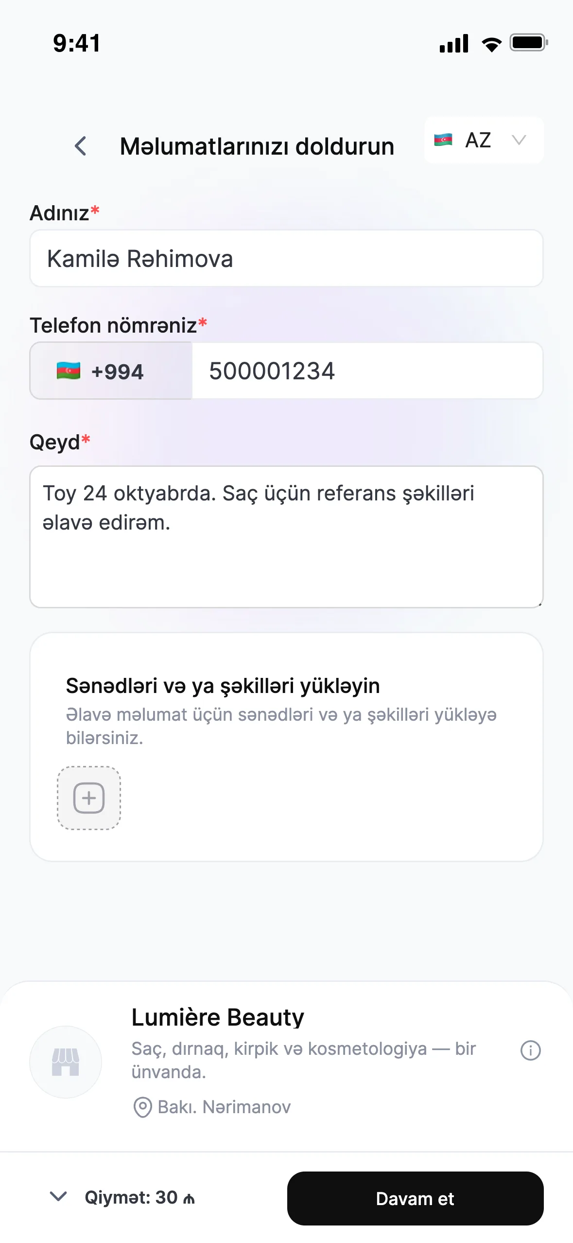 Gəlin rezervasiya edərkən referans şəkillərini əlavə edir, siz isə görüşə hazır gəlirsiniz.