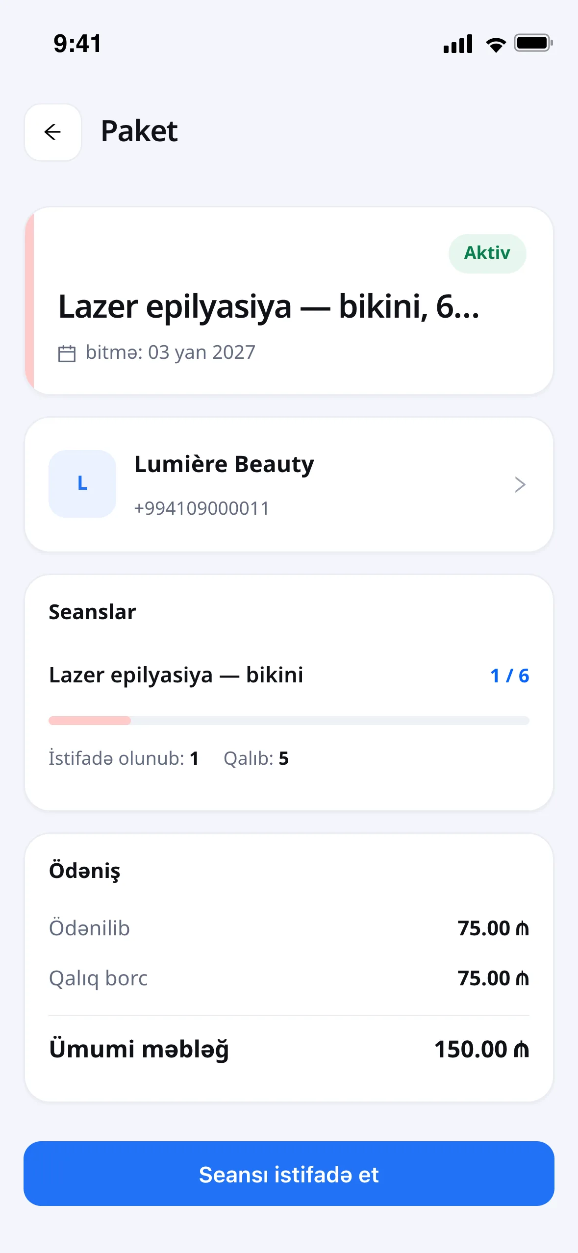 Müştərinin gördüyü: hansı paket, neçə seans qalıb və paket nə vaxta qədər qüvvədədir.