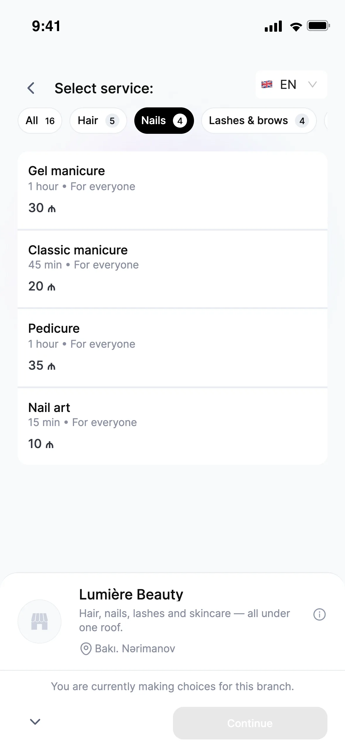 What the client sees: service, price, duration and only the slots that are free.