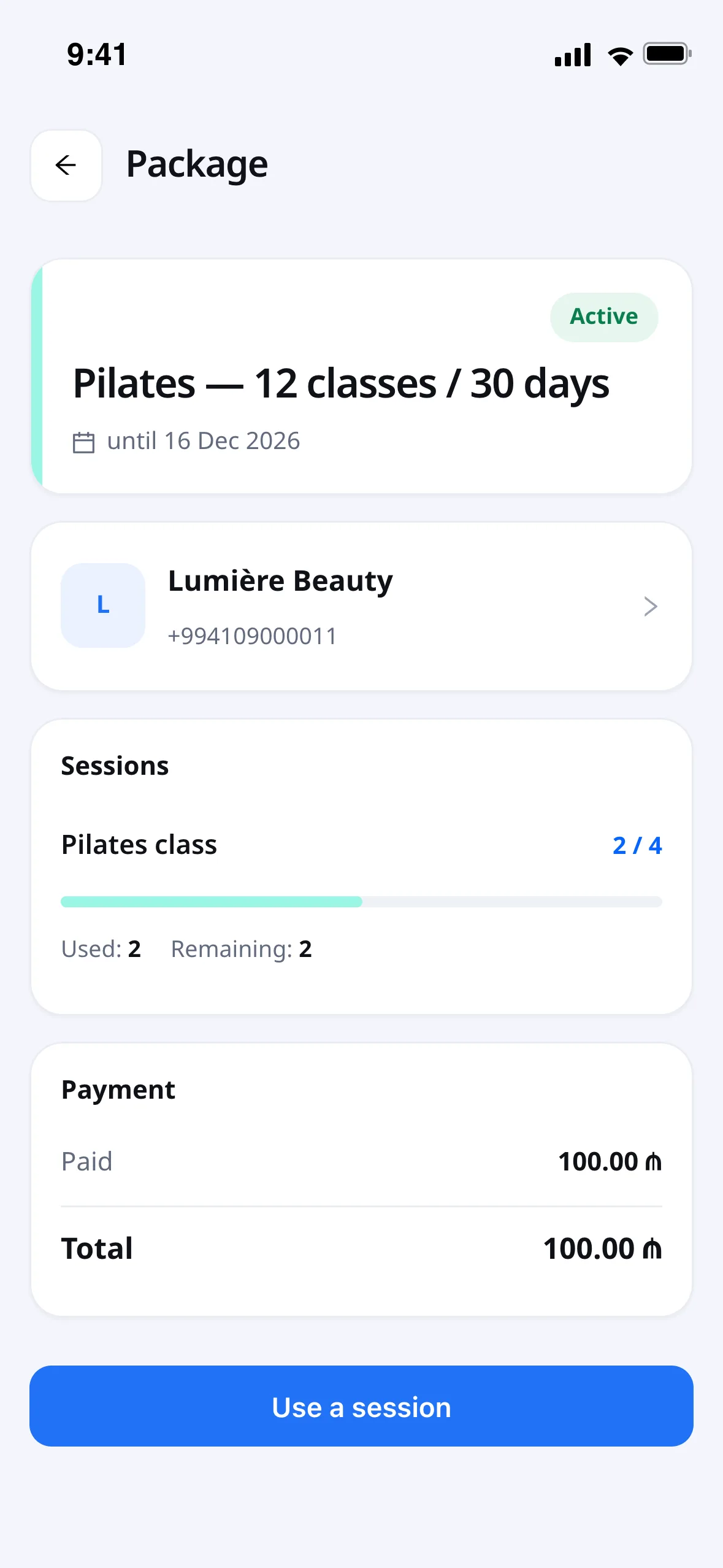 A pack in the client portal: sessions left, the expiry date and the button to mark a visit.