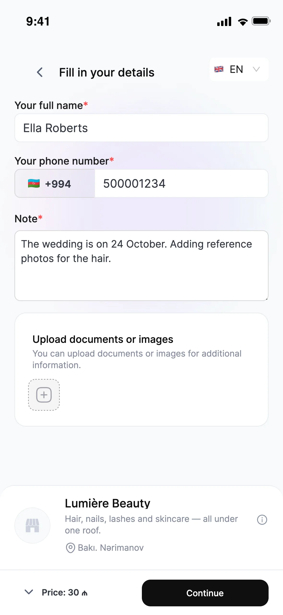 The bride attaches reference photos while booking, so you arrive prepared.