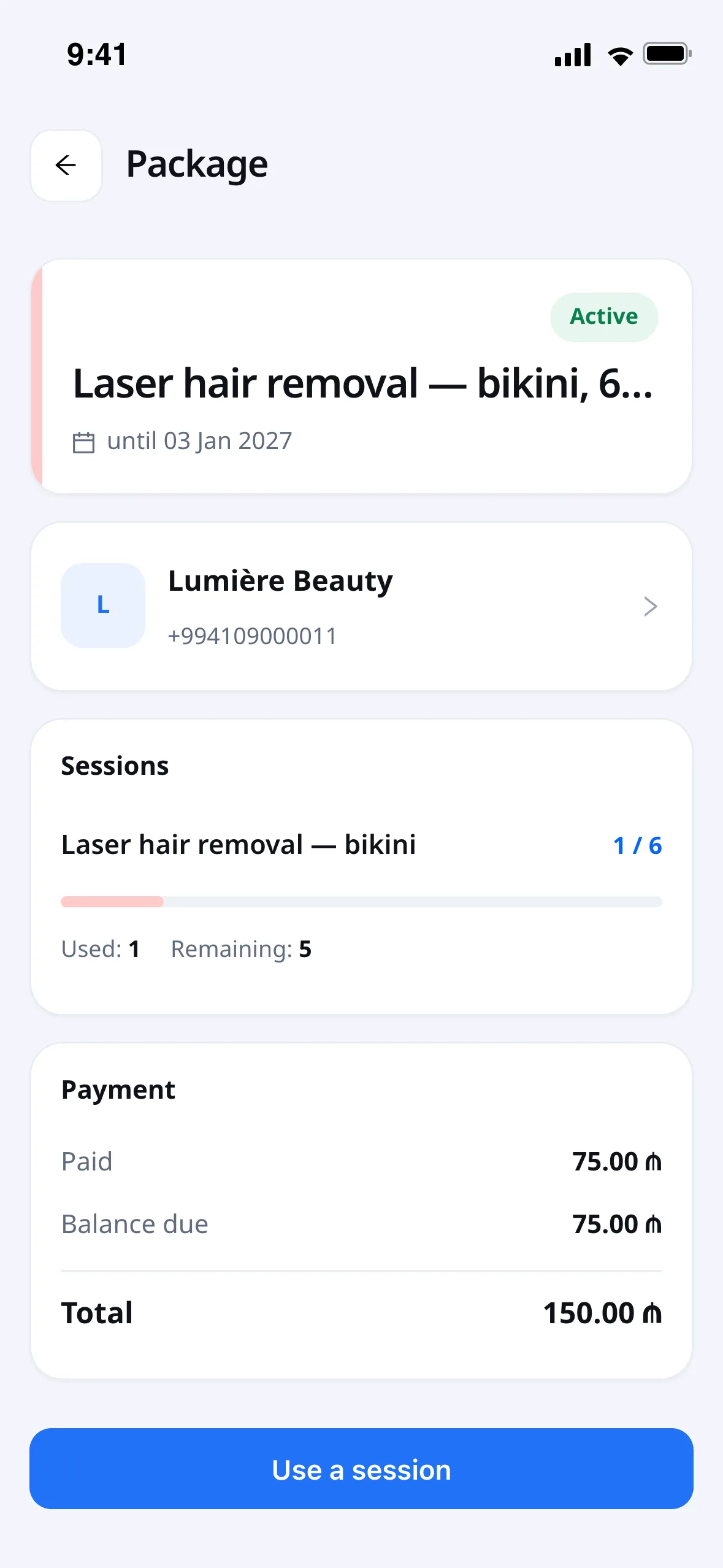 What the client sees: which package, how many sessions are left and when it expires.