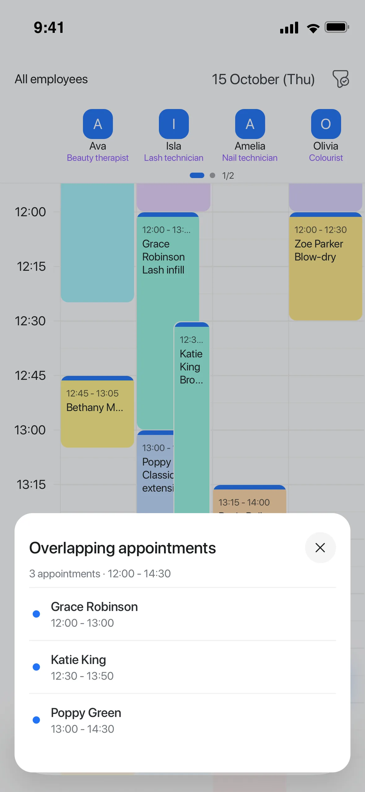 The class hour in the calendar: each client booked individually, with their own appointment.