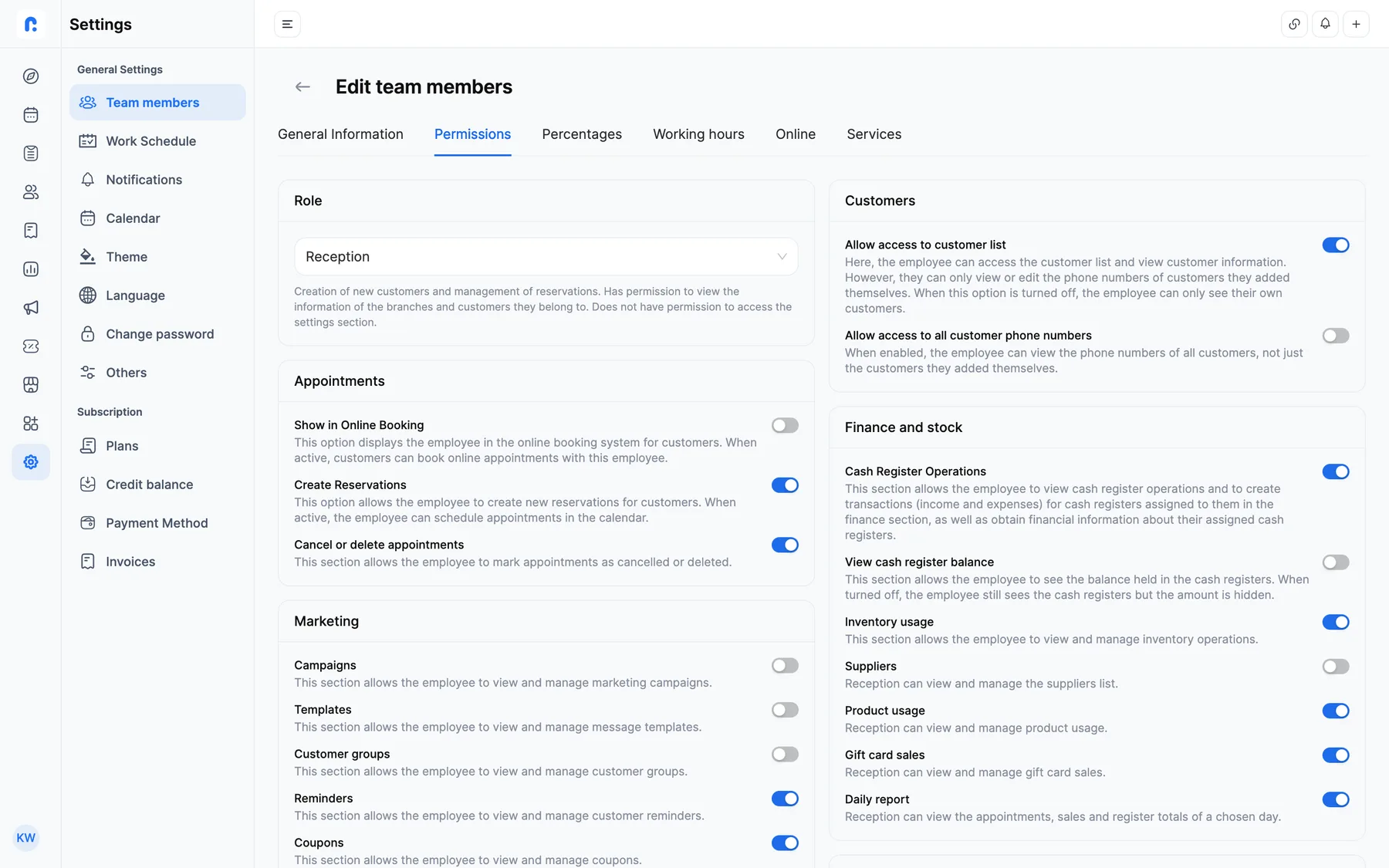 The permissions screen: reception manages bookings but can't see phone numbers or finances.