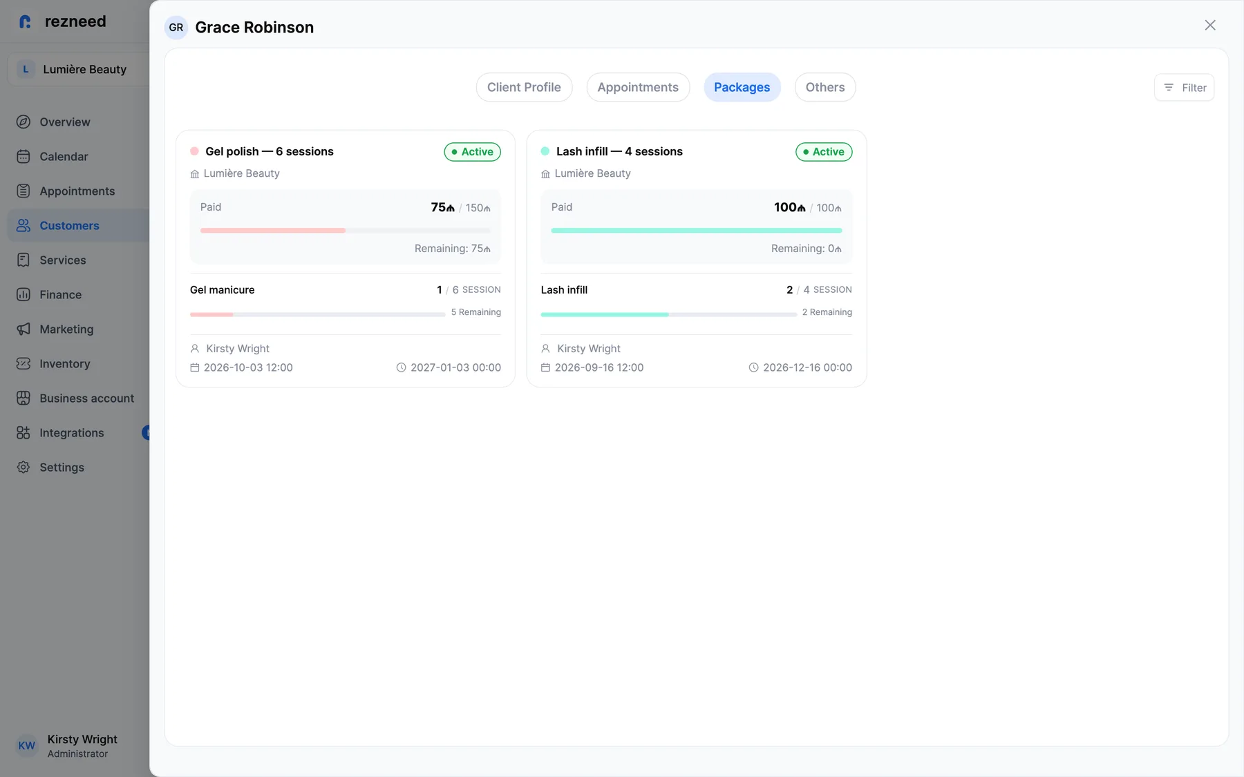An infill package on the client card: sessions used, sessions left and how much has been paid.
