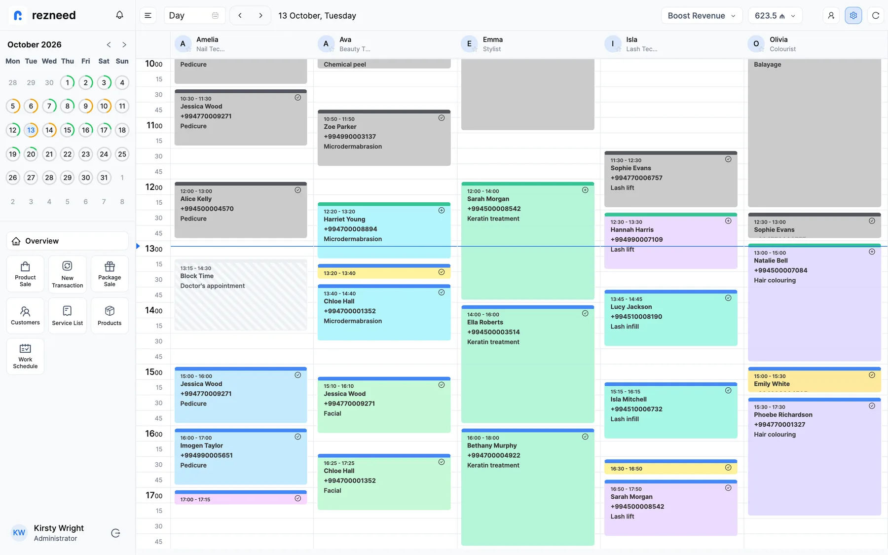 A salon's day: every stylist on one screen, statuses in colour, and the day's revenue right in the calendar.