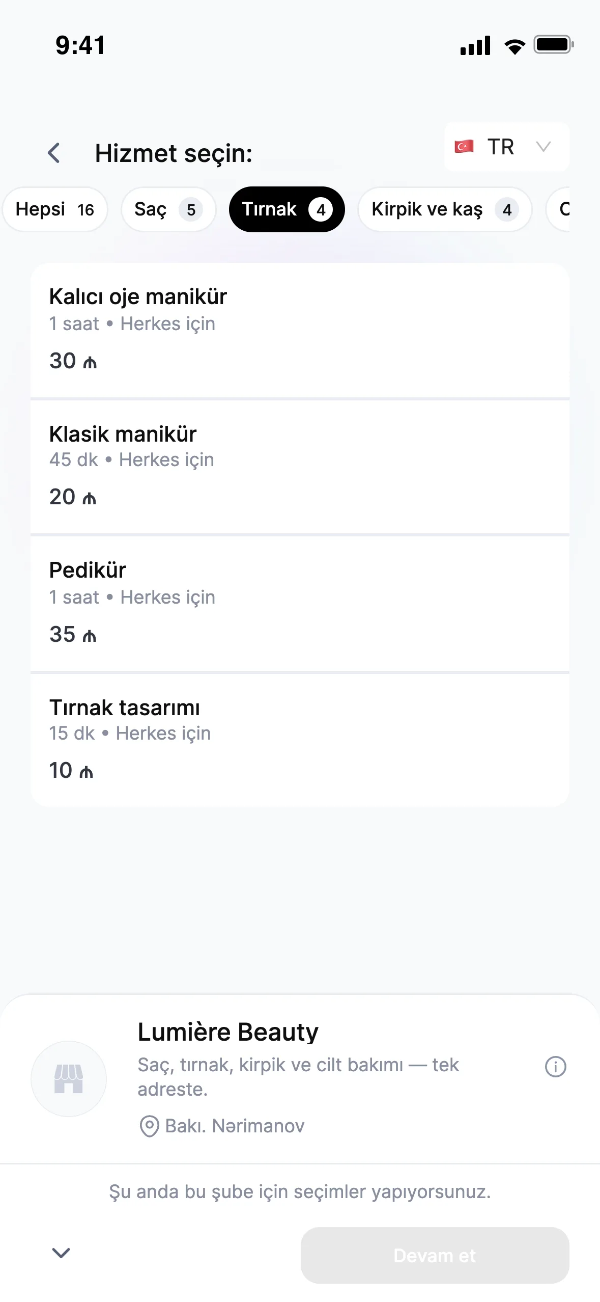 Müşterinin gördüğü sayfa: hizmet, fiyat, süre ve yalnızca boş saatler.
