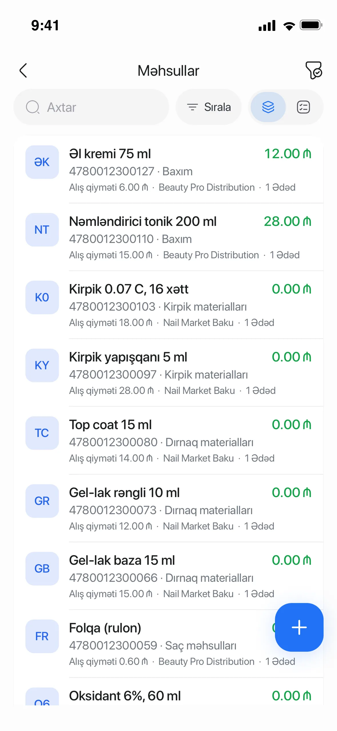 Mobil tətbiqdə məhsullar siyahısı: barkod, kateqoriya və alış qiyməti