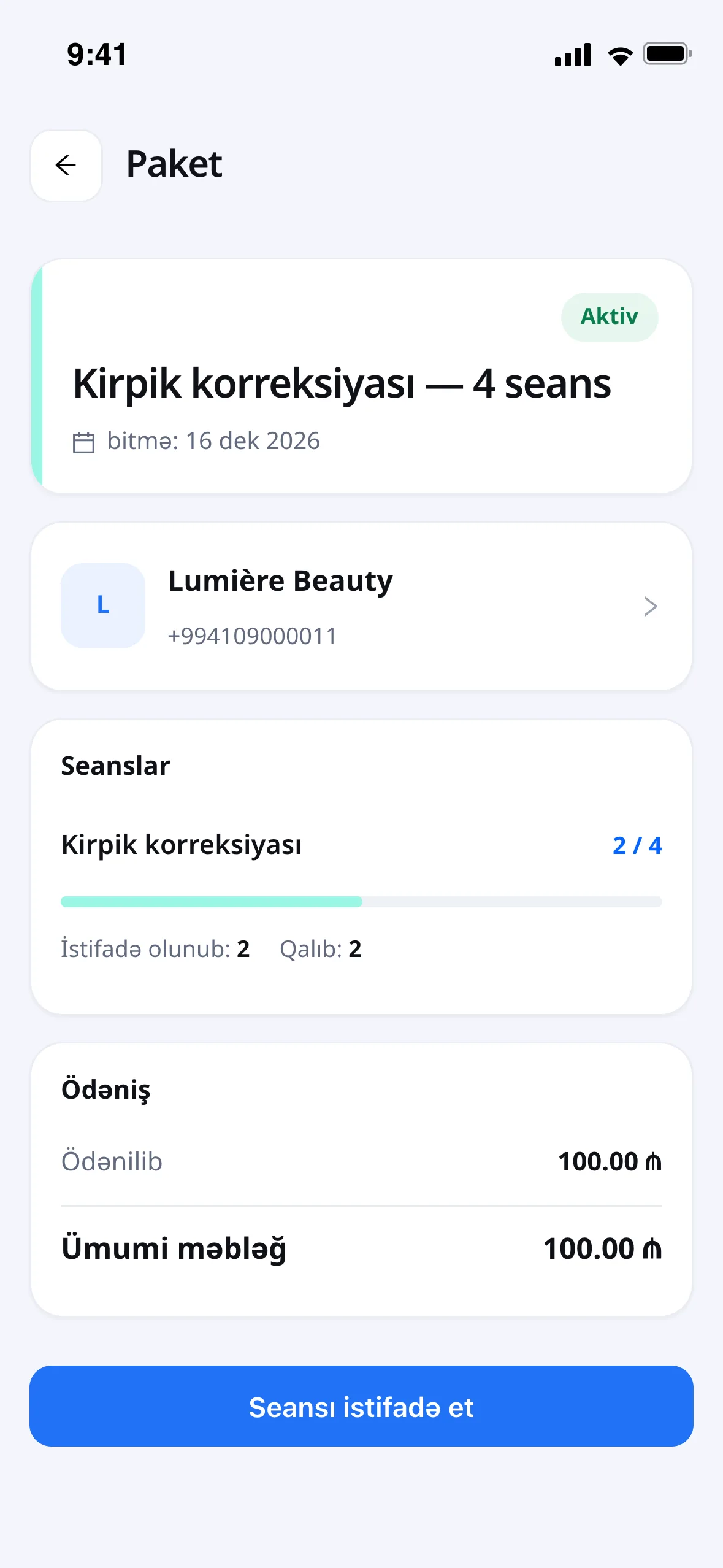 Müştəri portalında paket və qalan seanslar