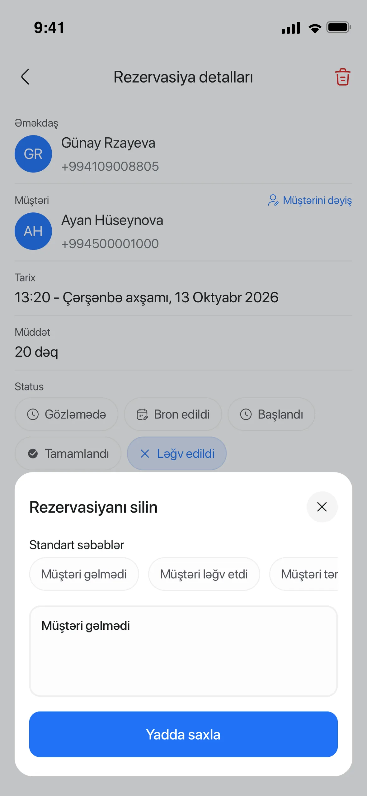 Mobil tətbiqdə rezervasiyanın «Müştəri gəlmədi» səbəbi ilə ləğvi