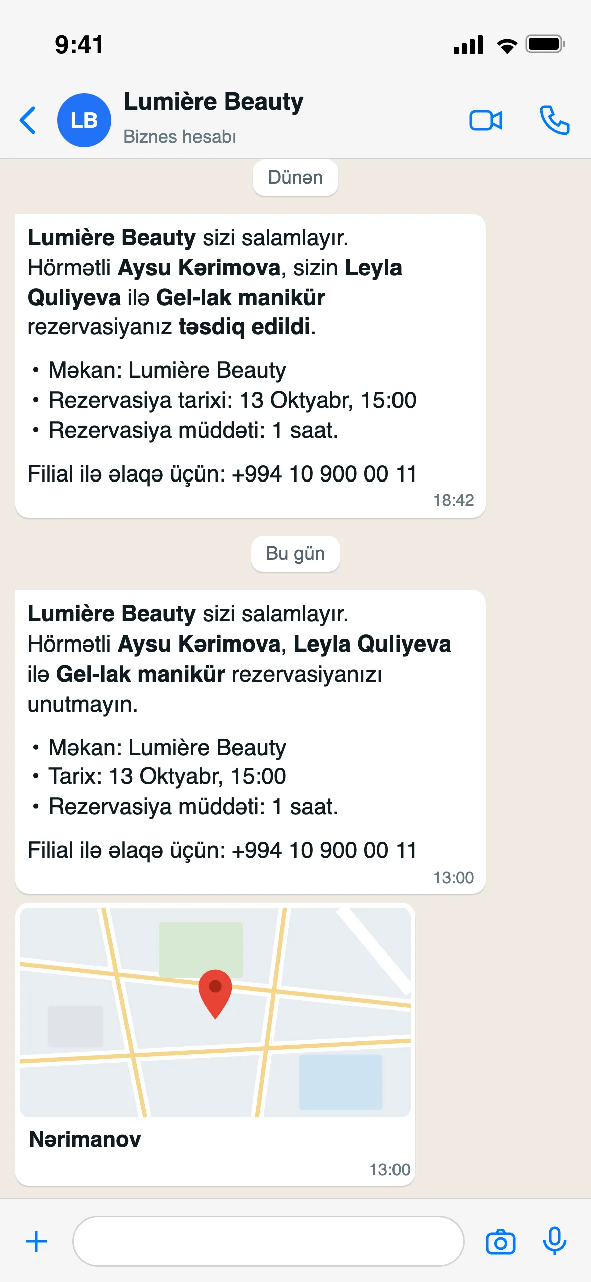 WhatsApp-da rezervasiya təsdiqi, xatırlatma və xəritədə ünvan
