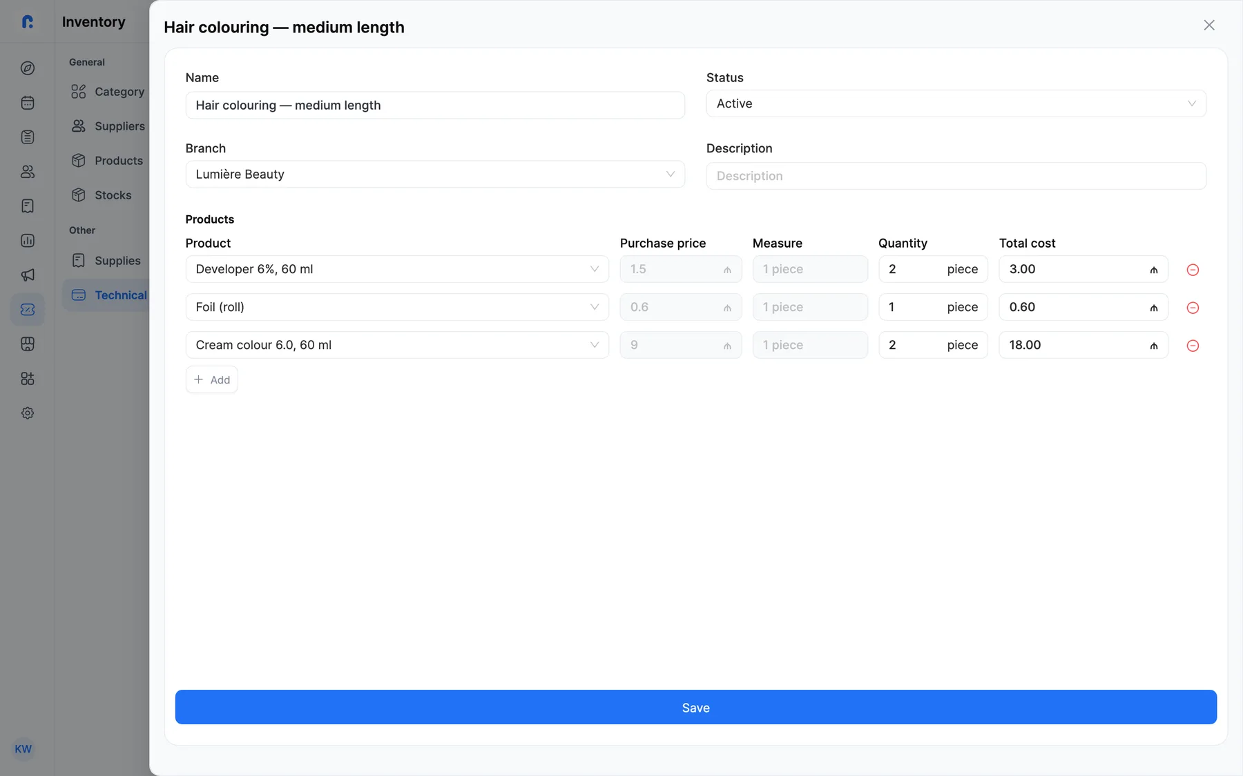 A service recipe card and its cost in Rezneed