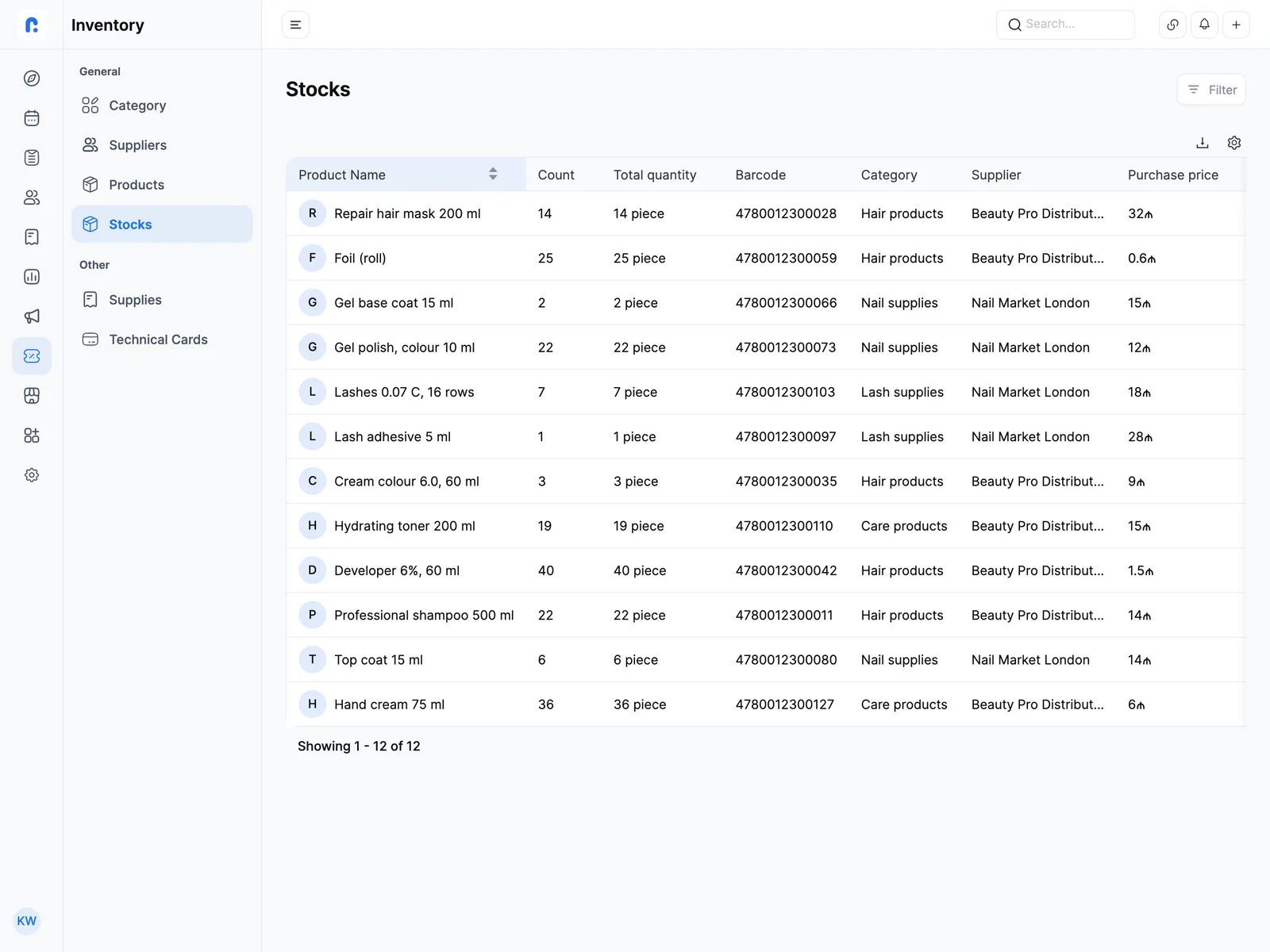 Inventory tracking that shows where the colour, needles and shampoo go