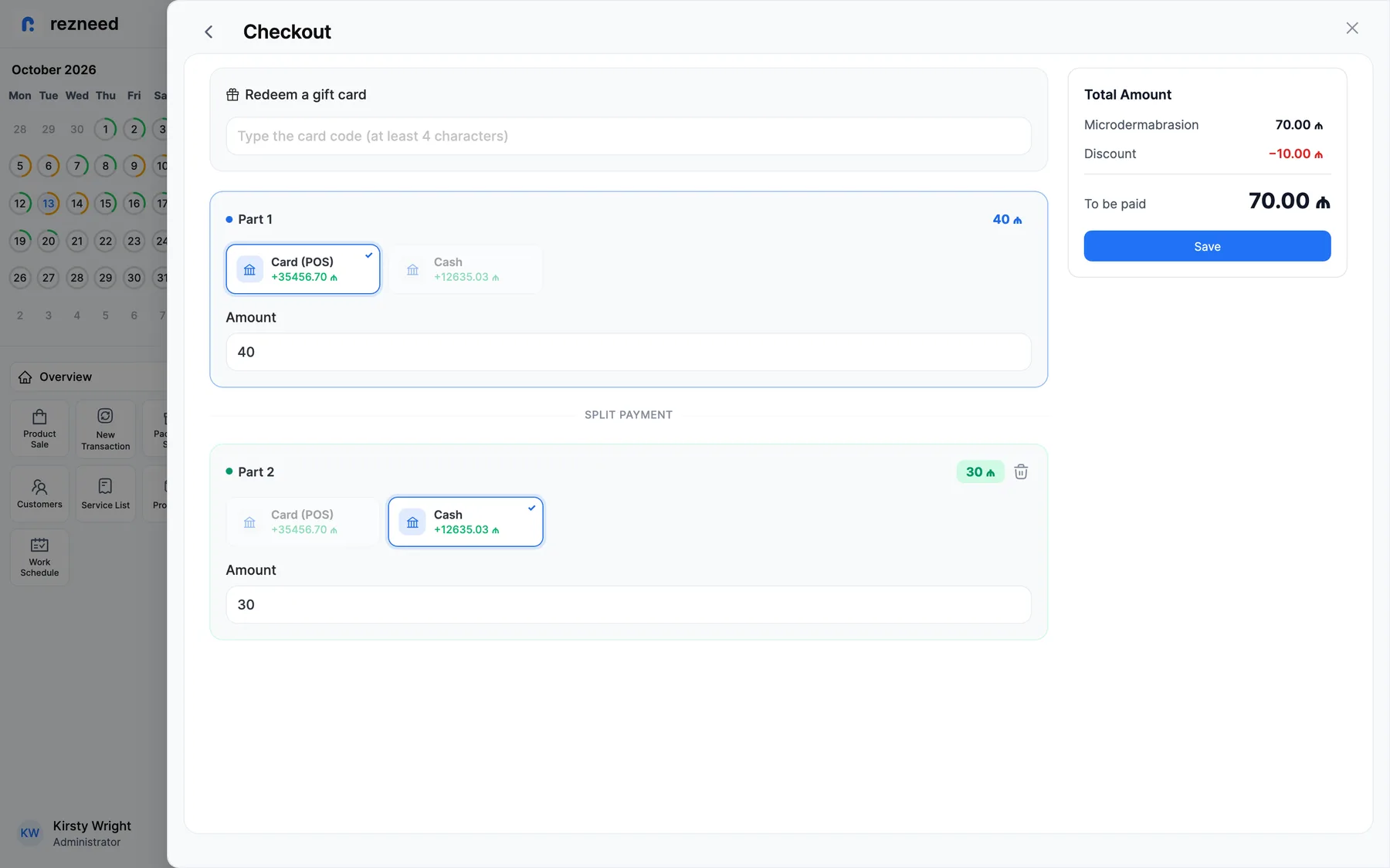 A split cash-and-card payment in Rezneed