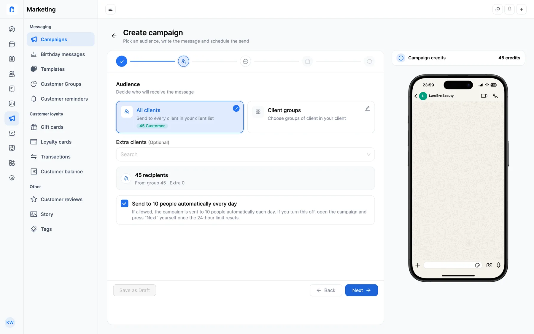 Setting up a WhatsApp campaign to clients who haven't visited in a while