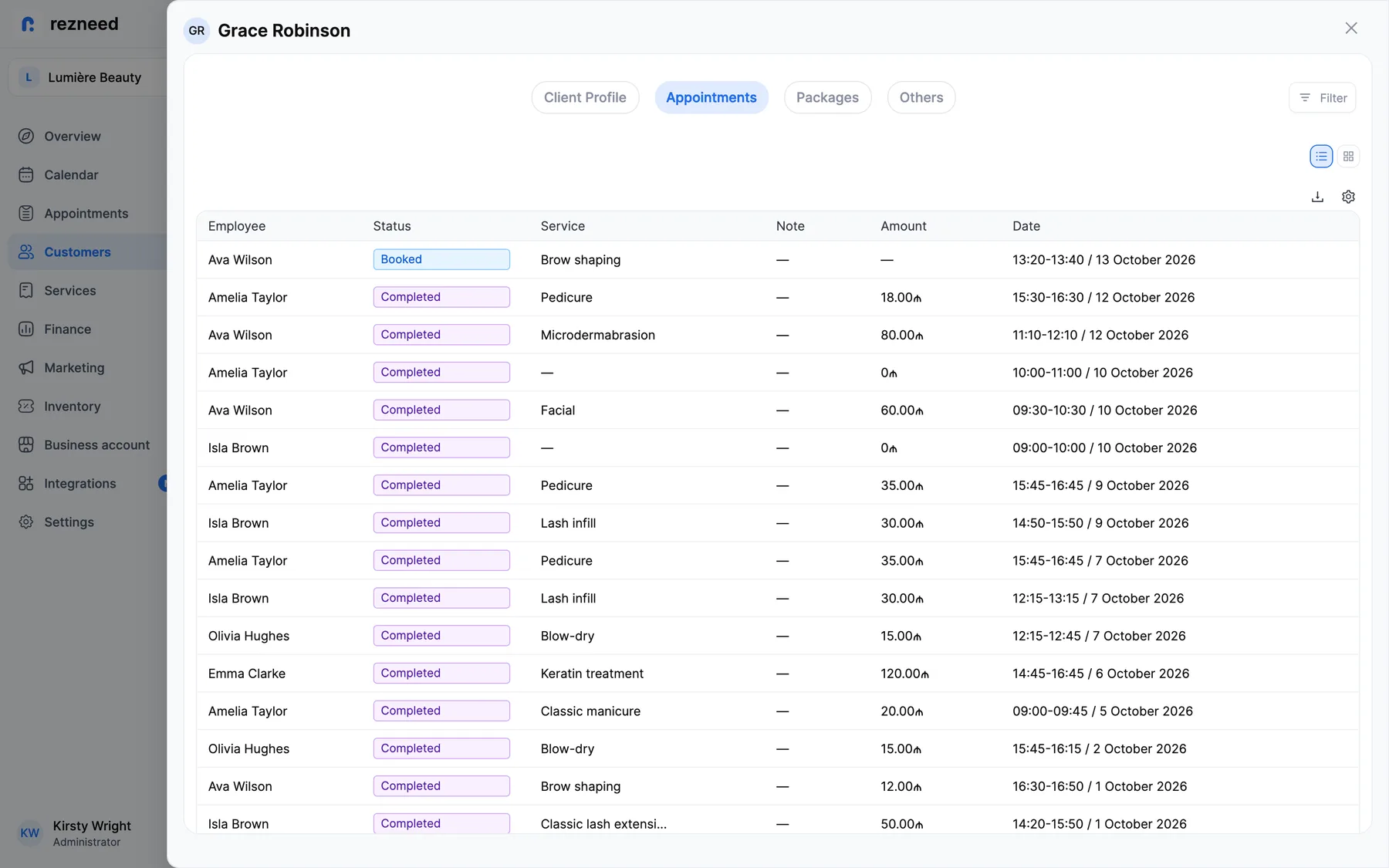Rezneed client card: history, tags and package balance
