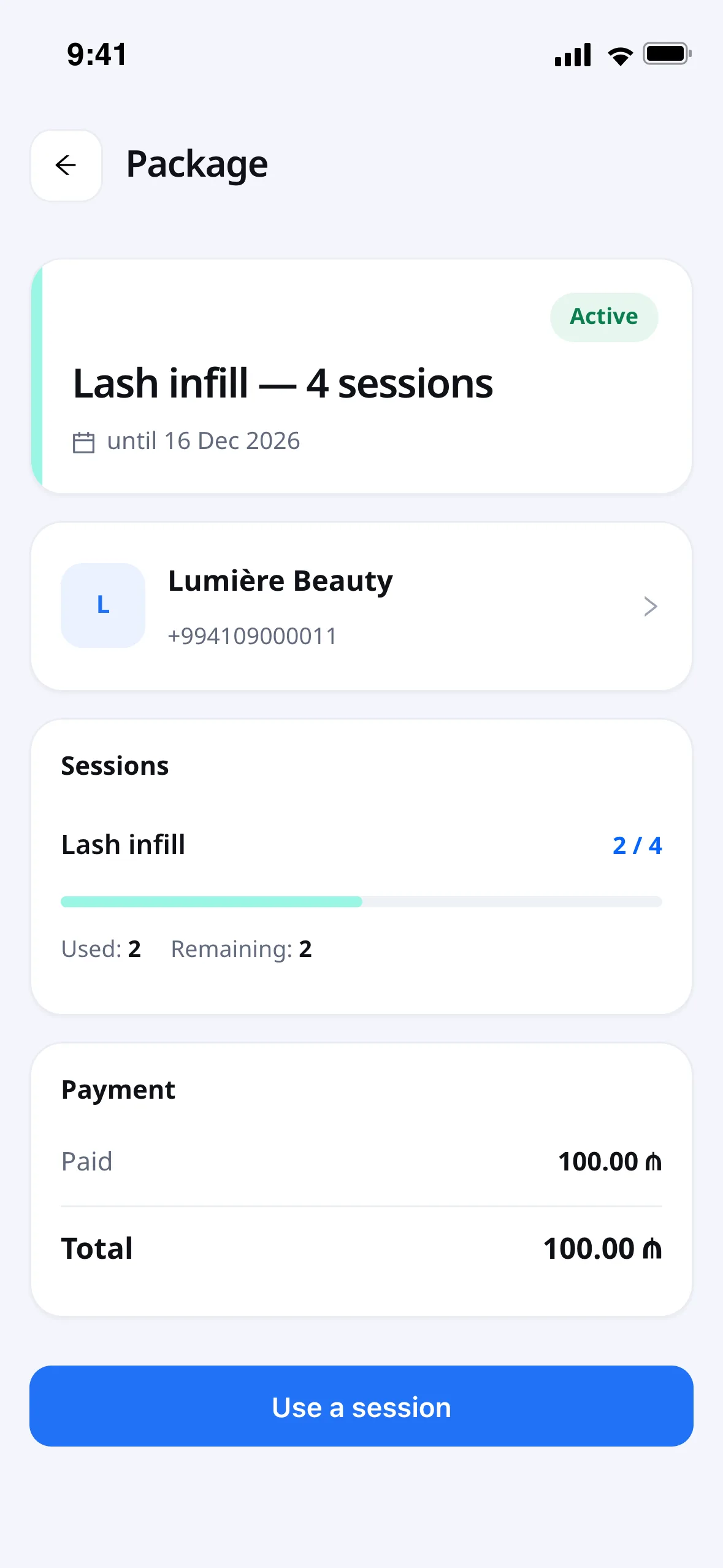 A package and remaining sessions in the client portal