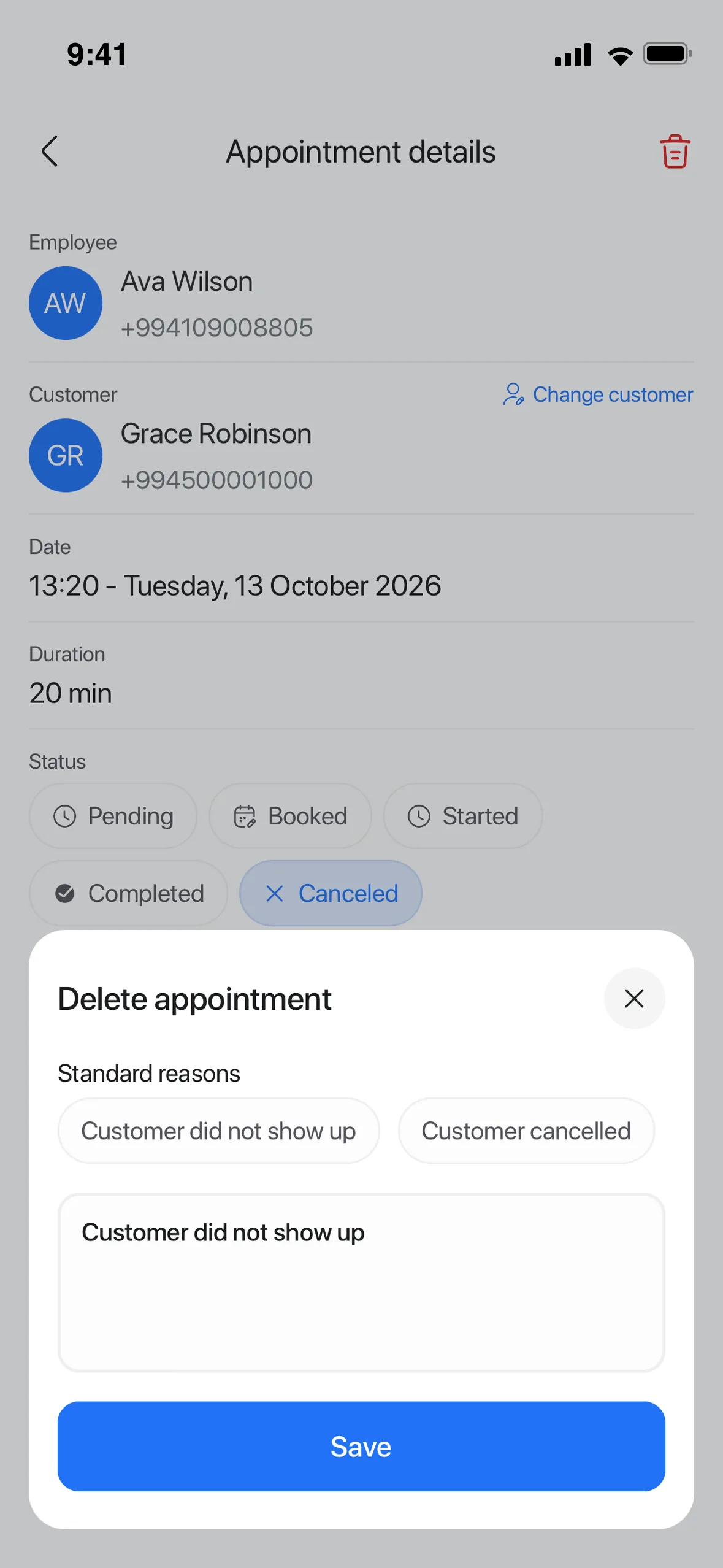 Cancelling a booking with the reason “Customer did not come” in the mobile app