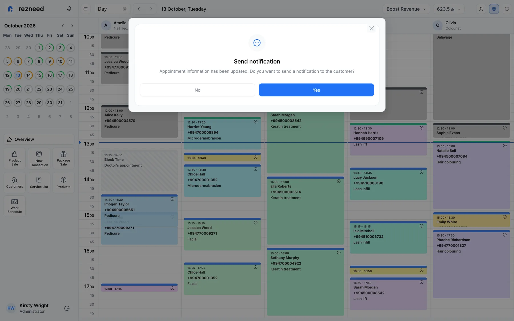 Rezneed web calendar: staff columns and moving an appointment