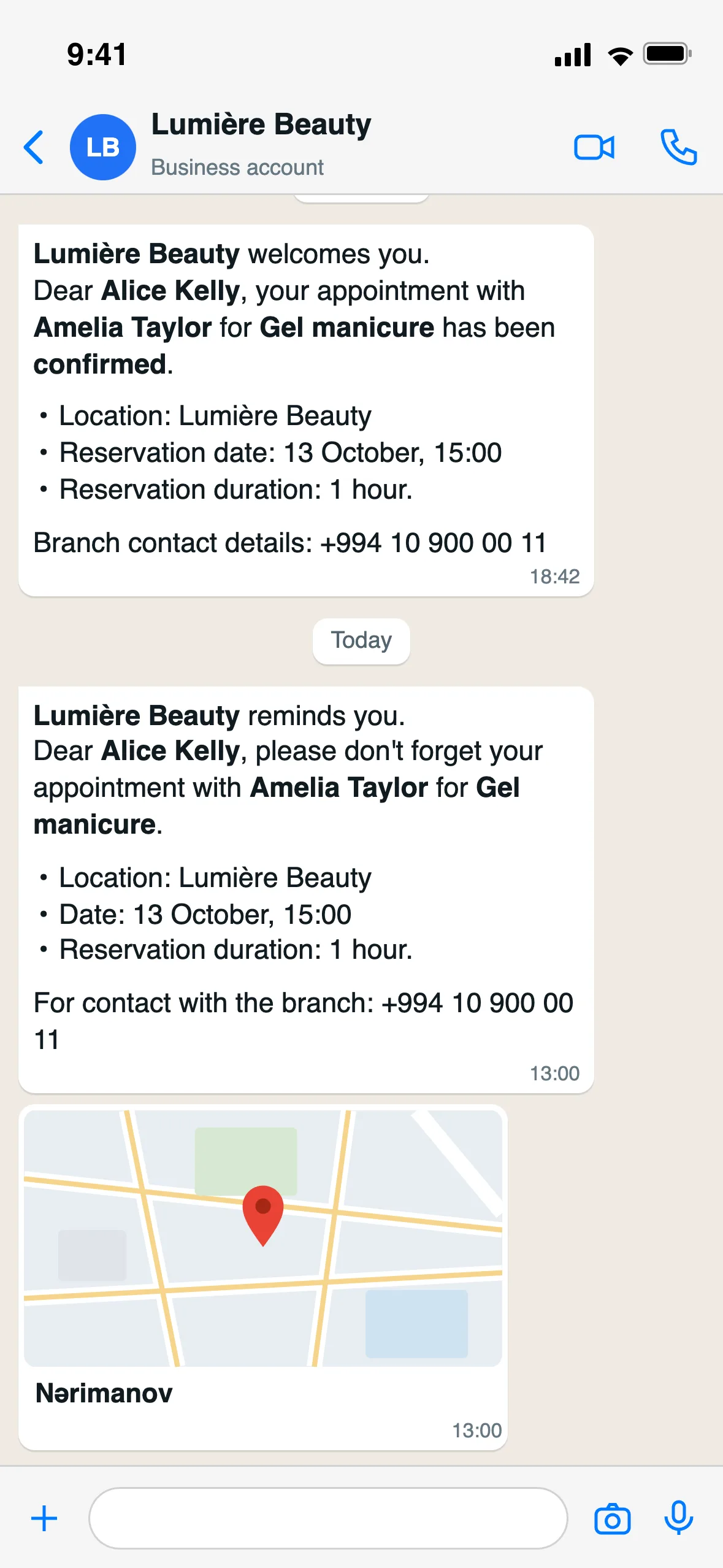 Booking confirmation, reminder and location pin on WhatsApp