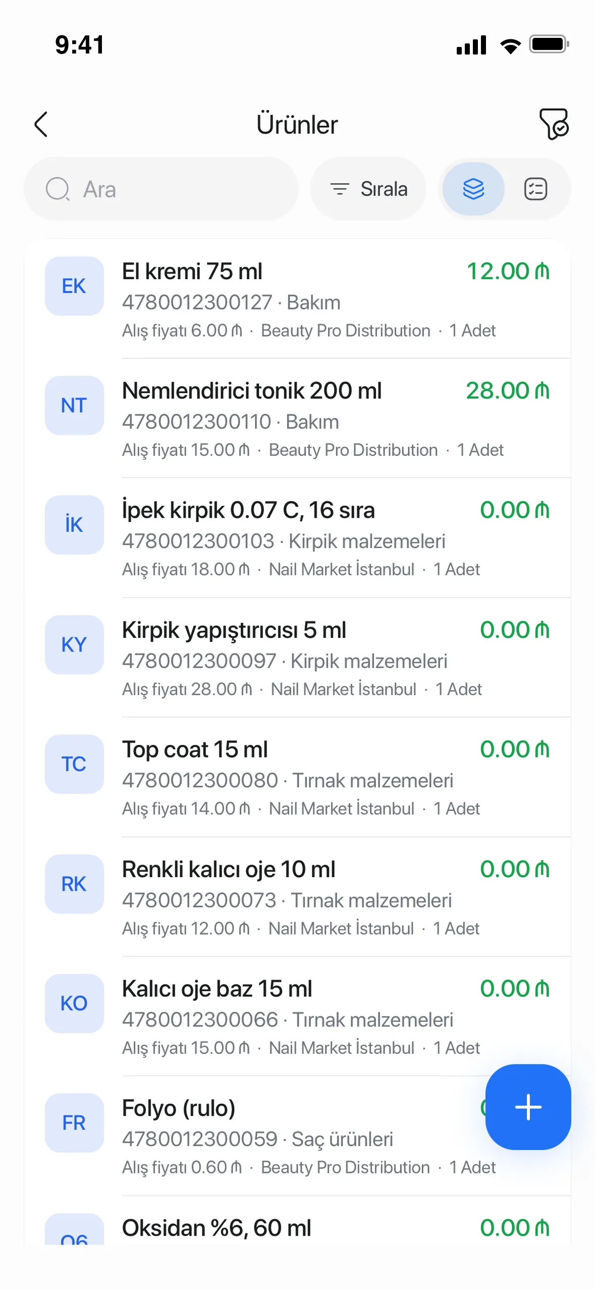 Mobil uygulamada ürün listesi: barkod, kategori ve alış fiyatı
