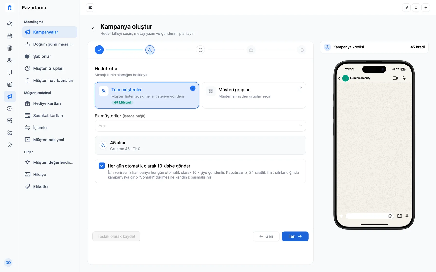 Rezneed'de uzun süredir gelmeyen müşterilere WhatsApp kampanyası hazırlama