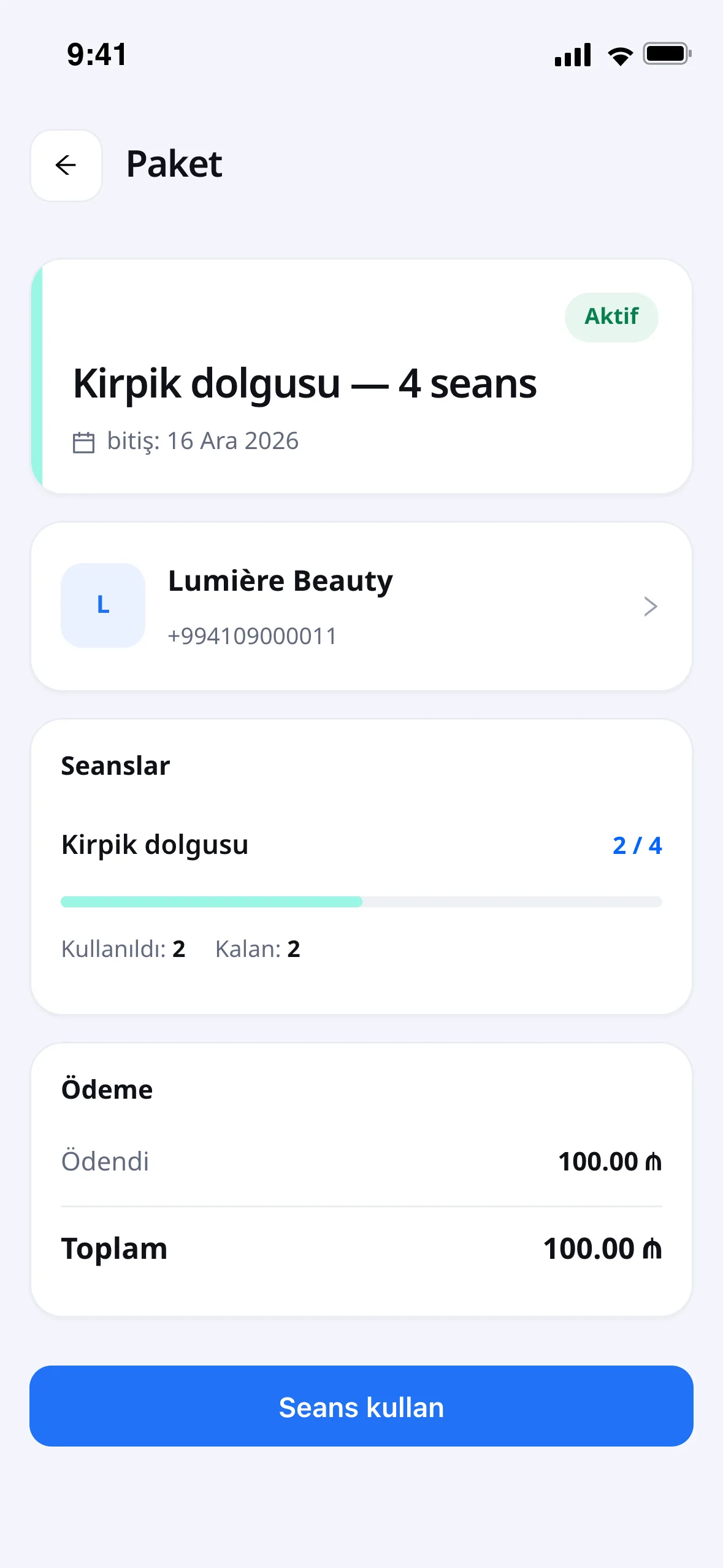 Müşteri portalında paket ve kalan seanslar