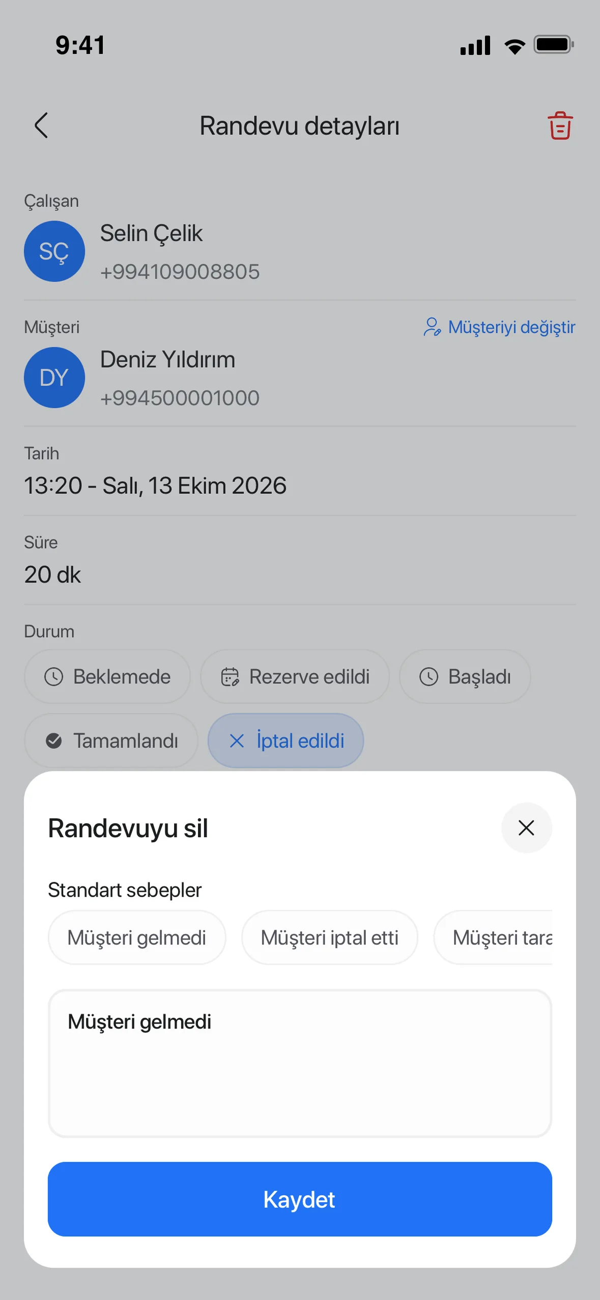 Mobil uygulamada randevunun “Müşteri gelmedi” nedeniyle iptali