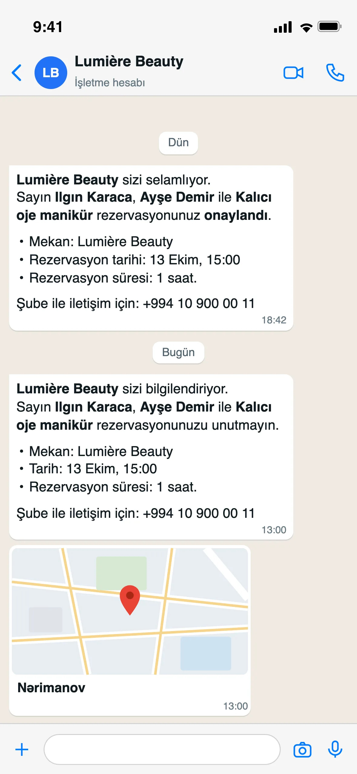 WhatsApp'ta randevu onayı, hatırlatma ve konum